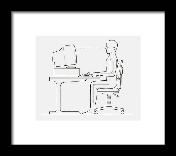 People Framed Print featuring the drawing Black and white illustration of office worker positioned at computer with back straight and wrists and feet supported, side view by Dorling Kindersley