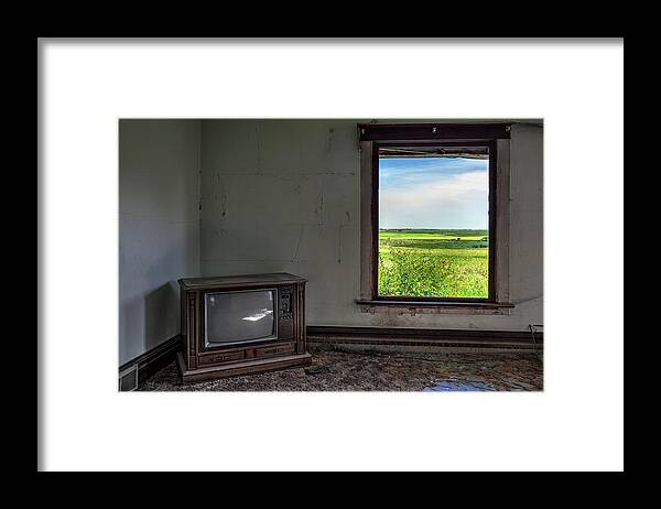 Solberg Framed Print featuring the photograph Black and White TV, Color Window - view of ND prairie from within living room of abandoned farm home by Peter Herman