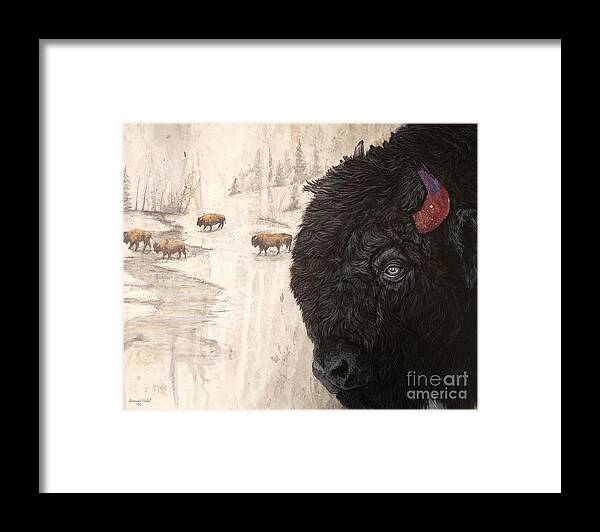Buffalo Framed Print featuring the painting Black Buffalo Journey Home by Amanda Hukill