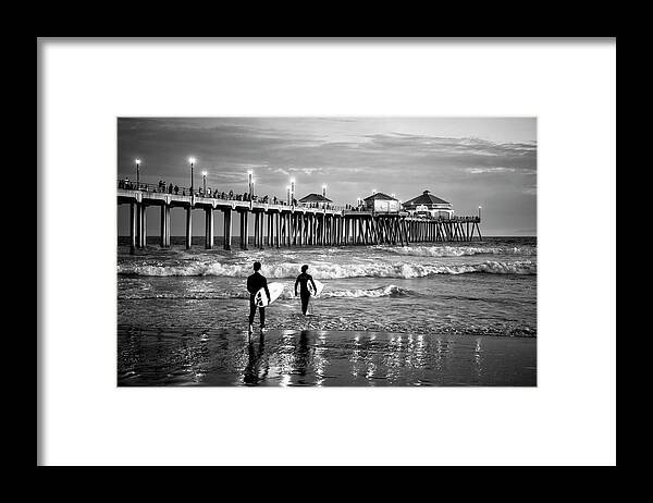 Huntington Beach Framed Print featuring the photograph Black California Series - Huntington Beach Surf City by Philippe HUGONNARD