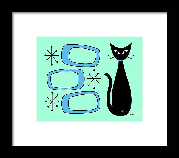 Mid Century Cat Framed Print featuring the digital art Black Cat with Mod Oblongs Aqua by Donna Mibus