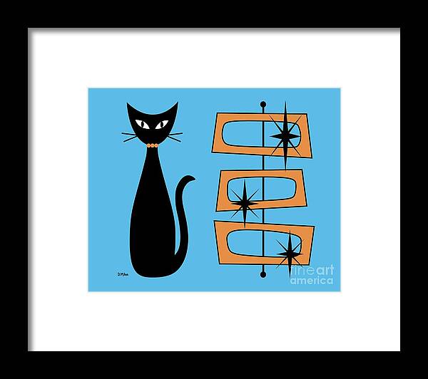 Mid Century Cat Framed Print featuring the digital art Black Cat with Mod Rectangles Blue by Donna Mibus