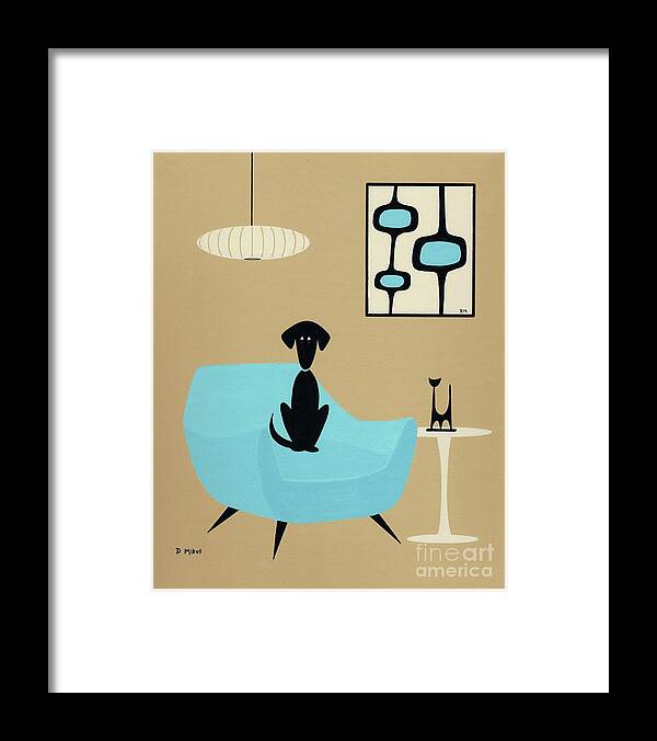 Mid Century Modern Black Dog Framed Print featuring the painting Black Dog in Blue Henry Glass Chair by Donna Mibus