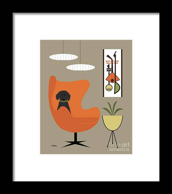 Mid Century Modern Framed Print featuring the digital art Black Dog in Orange Mid Century Chair by Donna Mibus