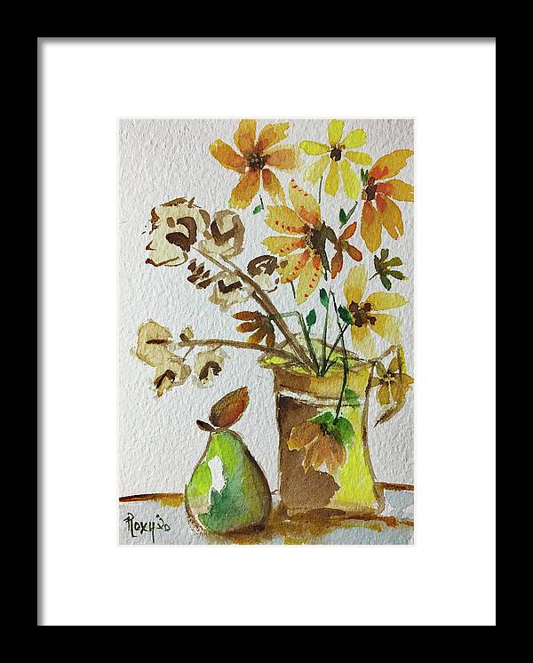 Still Life Framed Print featuring the painting Black eyed Susans and a Pear by Roxy Rich