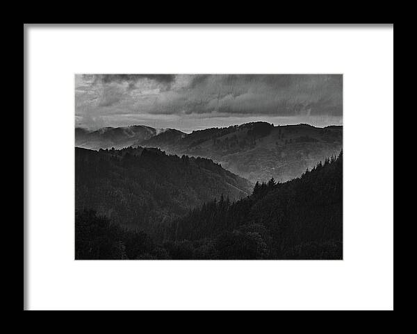 Black Forest Framed Print featuring the photograph Black Forest fog receives rain by Ioannis Konstas