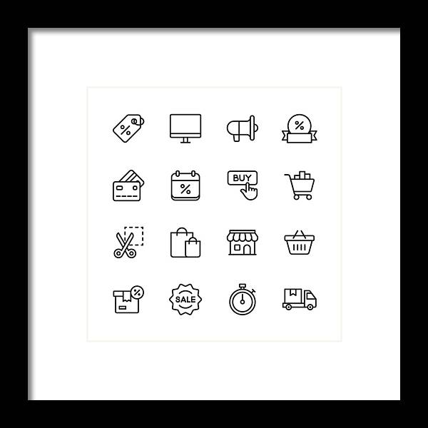 Event Framed Print featuring the drawing Black Friday and Shopping Icons. Editable Stroke. Pixel Perfect. For Mobile and Web. Contains such icons as Black Friday, E-Commerce, Shopping, Store, Sale, Credit Card, Deal, Free Delivery, Discount. by Rambo182