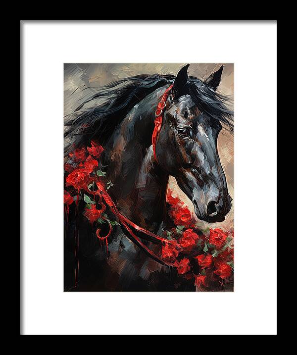 Horse With Roses Framed Print featuring the painting Black Horse with Wreath of Roses by Lourry Legarde