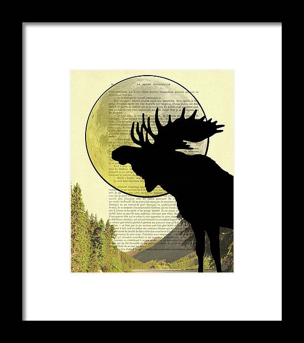 Moose Framed Print featuring the digital art Black moose silhouette and moon art by Madame Memento