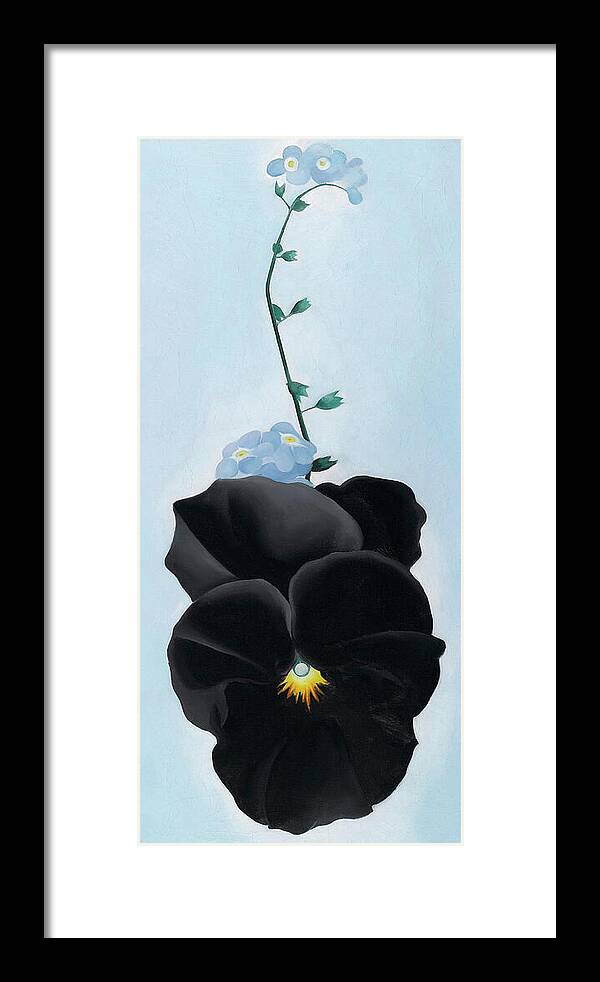 Georgia O'keeffe Framed Print featuring the painting Black pansy with forget-me-nots - Modernist flower painting by Georgia O'Keeffe