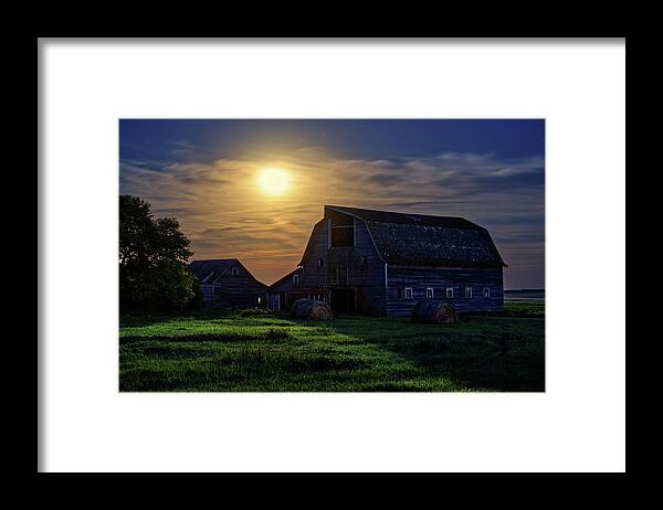 Abandoned Framed Print featuring the photograph Blackmore Barn Nightscape #1 - abandoned ND barn in moonlight by Peter Herman