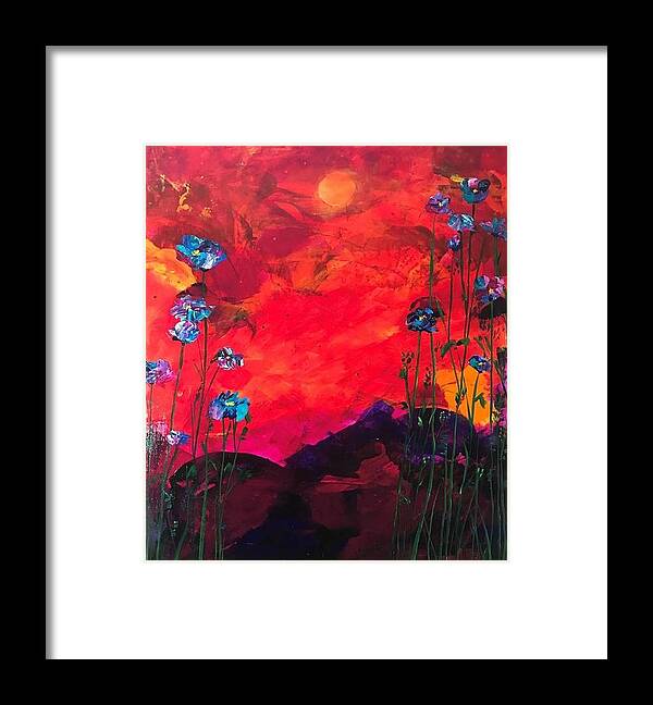 Abstract Framed Print featuring the painting Blooms Against Blazing Sky by Deborah Naves