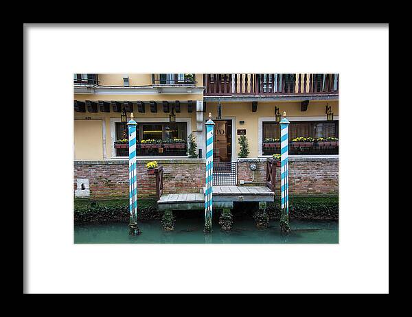 Canal Framed Print featuring the photograph Blue and White Pillars Venice Italy by John McGraw
