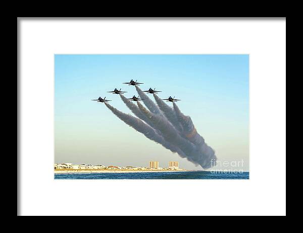 Blue Angels Framed Print featuring the photograph Blue Angels over Pensacola Beach, Florida by Beachtown Views