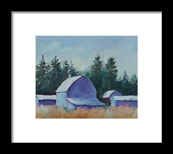 Farm Framed Print featuring the painting Blue Barns by Sheila Romard