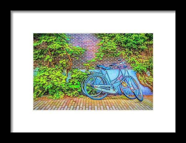 Fall Framed Print featuring the photograph Blue Bicycles on the Sidewalk by Debra and Dave Vanderlaan