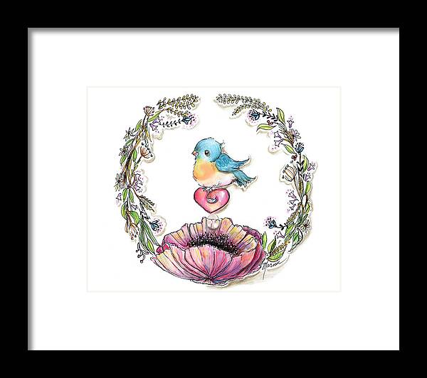 Blue Bird Framed Print featuring the drawing Blue Bird Wreath by Marnie Clark