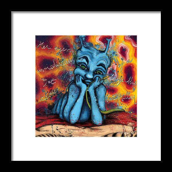Alice In Wonderland Framed Print featuring the painting Blue caterpillar with hookah on mushroom, Alice in Wonderland by Nadia CHEVREL