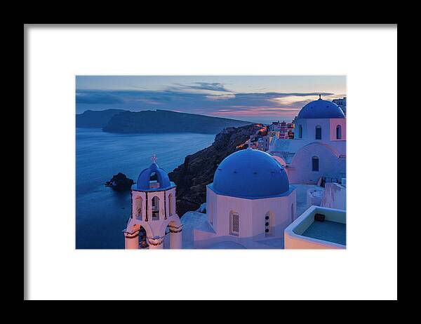 Aegean Sea Framed Print featuring the photograph Blue Domes Of Santorini by Evgeni Dinev