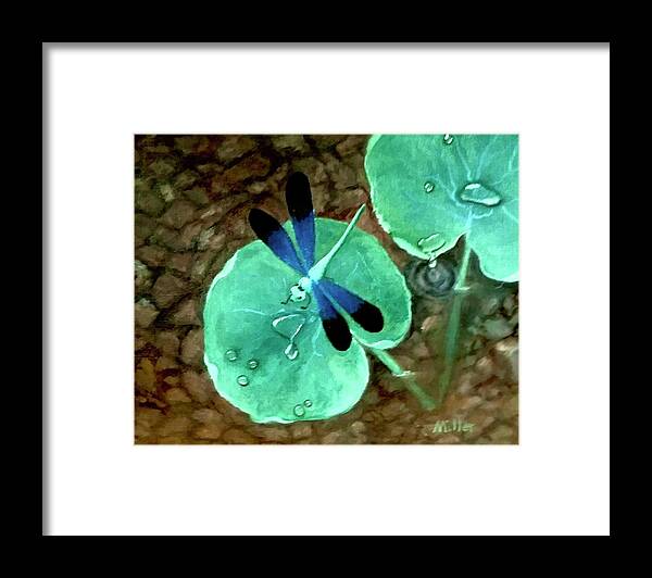  Framed Print featuring the painting Blue Dragonfly on lilypad by Peggy Miller