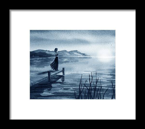 Girl Framed Print featuring the painting Blue Evening Sunset Girl At The Lake Seascape Watercolor by Irina Sztukowski
