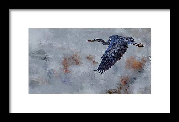 Bird Framed Print featuring the digital art Blue Heron in Flight by Shawn Conn