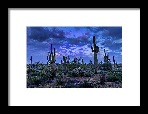 Blue Hour Framed Print featuring the photograph Blue Hour In The Desert by Lorraine Baum