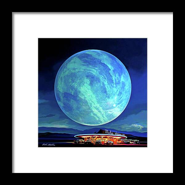 Blue Moon Framed Print featuring the digital art Blue Moon Over Mel's by Robin Moline