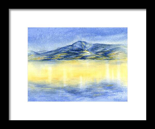Watercolor Framed Print featuring the painting Blue mountain and reflection of sunlight, watercolor by Adriana Mueller