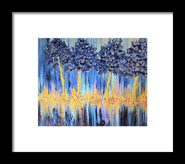 Wall Art Home Decor Blue Gold Blue Trees Abstract Art Pouring Art Acrylic Art Galleries Art Wall Art Foe Sale Gift Idea Framed Print featuring the painting Blue Pine Trees by Tanya Harr