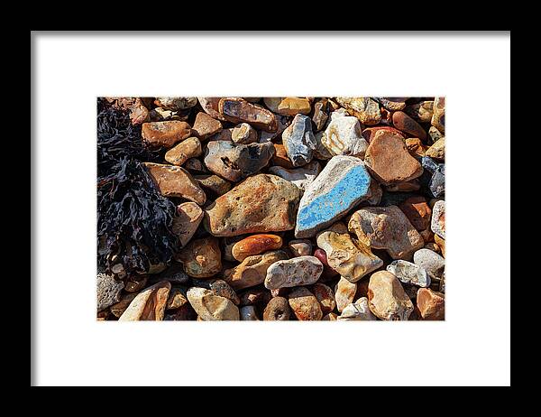 United Kingdom Framed Print featuring the photograph Blue pottery on pebbles by Richard Donovan