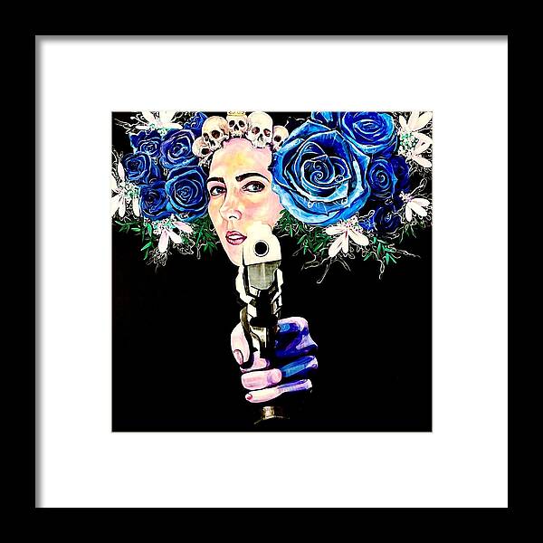 Gun Framed Print featuring the painting Blue Rose Yelena The Killer by Yelena Tylkina