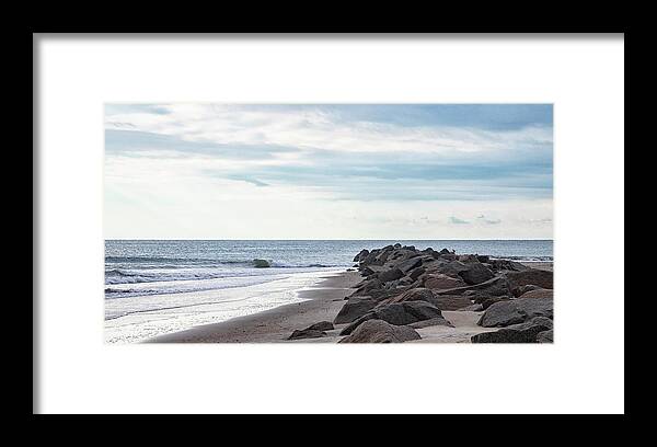 Fort Macon Framed Print featuring the photograph Blue Sky - Blue Ocean - Wet Rocks by Bob Decker
