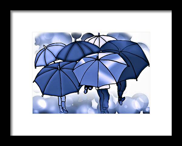 Navy Blue Framed Print featuring the mixed media Blue Umbrella Huddle by Kelly Mills