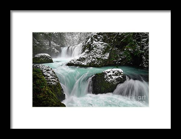 Spirit Falls Framed Print featuring the photograph Blue Water of Spirit Falls during Winter in Columbia River Gorge by Tom Schwabel