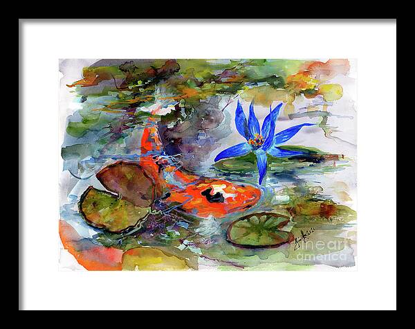 Waterlilies Framed Print featuring the painting Blue Waterlily Koi Fish Pond by Ginette Callaway
