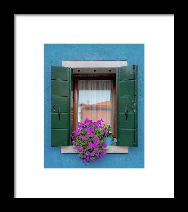 Burano Framed Print featuring the photograph Blue Window Pink Flowers by David Downs