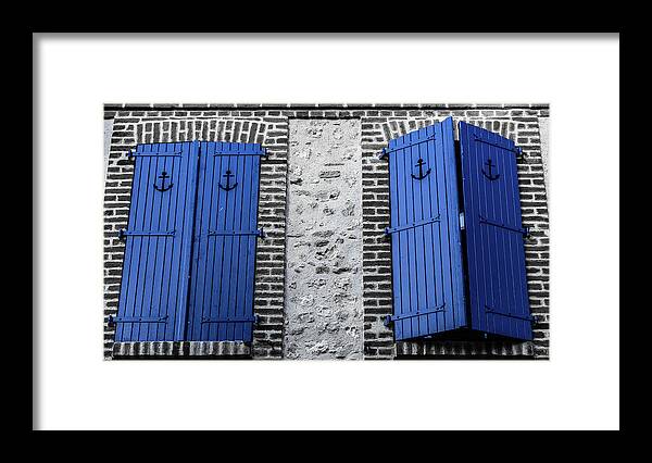 Port City Framed Print featuring the photograph Blue windows in Normandy, France by Fabiano Di Paolo