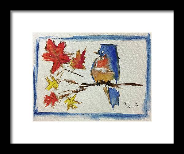 Bluebird Framed Print featuring the painting Bluebird on a Maple Branch by Roxy Rich