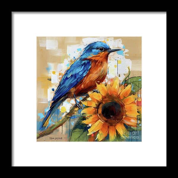Bluebirds Framed Print featuring the mixed media Bluebird Perched Upon The Sunflower by Tina LeCour
