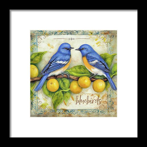 Eastern Bluebirds Framed Print featuring the painting Bluebirds And Lemons by Tina LeCour