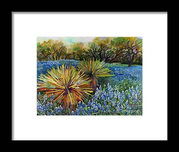 Cactus Framed Print featuring the painting Bluebonnets and Yucca by Hailey E Herrera