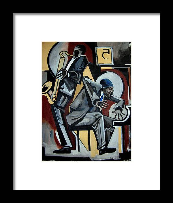Thelonious Monk John Coltrane Jazz Piano Saxophone Framed Print featuring the painting Blues 5 Spot by Martel Chapman
