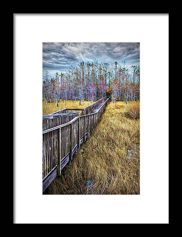 Clouds Framed Print featuring the photograph Boardwalk over the Marsh Painting by Debra and Dave Vanderlaan