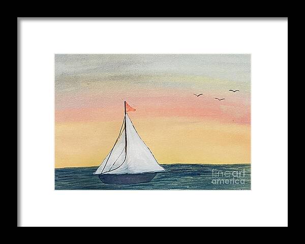 Sailboat Framed Print featuring the painting Boat at Sunset by Lisa Neuman