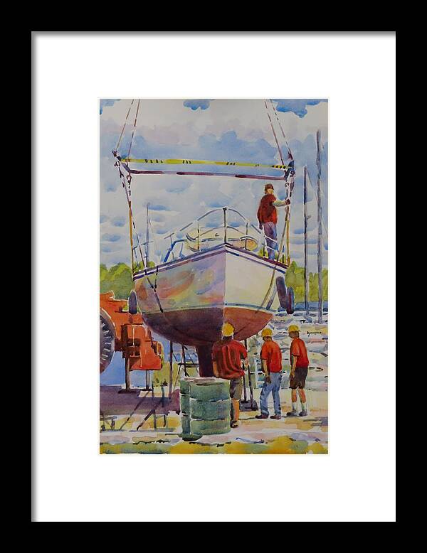 Collins Bay Yacht Club Framed Print featuring the painting Boat in Lifting Straps by David Gilmore