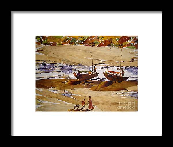 Sea Scape Framed Print featuring the mixed media Boat Rest point by Basant Soni