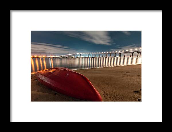  Framed Print featuring the photograph Boat under bridge lights by Local Snaps Photography