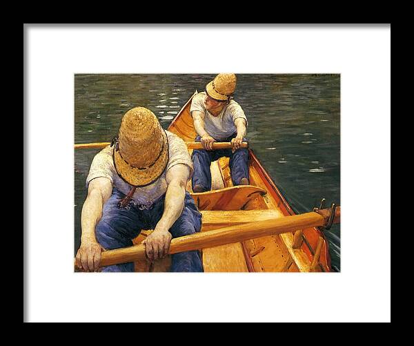 Gustave Caillebotte Framed Print featuring the painting Boaters Rowing on the Yerres by Gustave Caillebotte by Mango Art