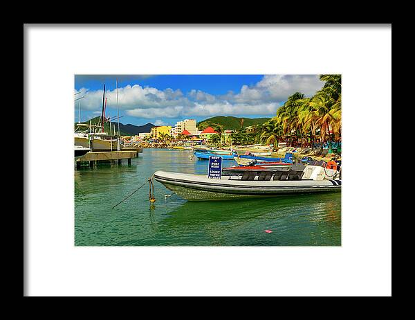Boats; Travel; Color; Water; Clouds; Skies; Landscape Framed Print featuring the photograph Boats in Saint Maarten #1 by AE Jones